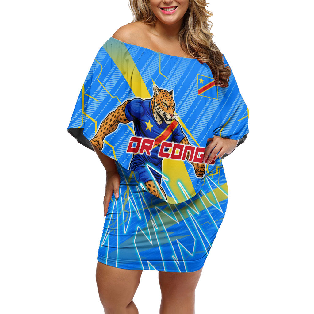 Personalized DR Congo Football Off Shoulder Short Dress Lightning Leopard National Flag Motif