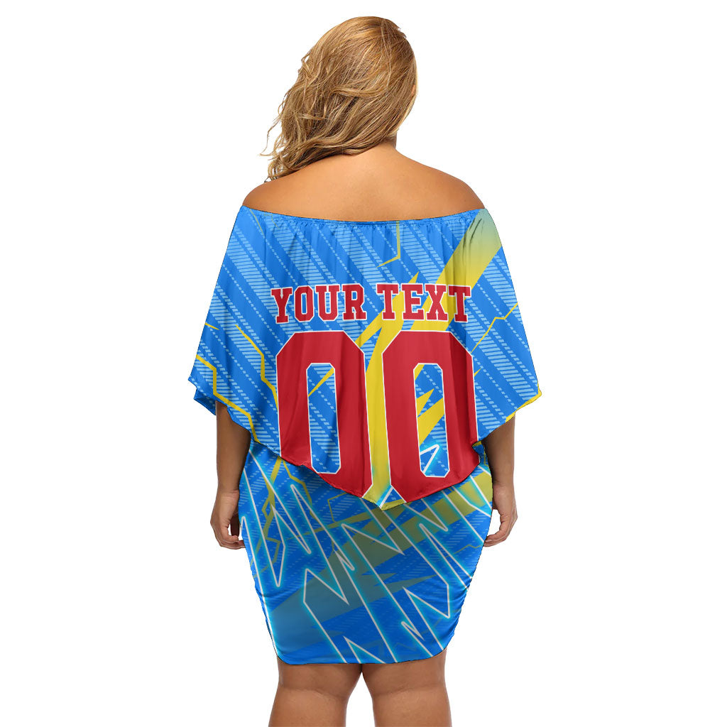 Personalized DR Congo Football Off Shoulder Short Dress Lightning Leopard National Flag Motif