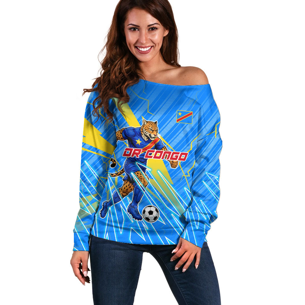Personalized DR Congo Football Off Shoulder Sweater Lightning Leopard National Flag Motif