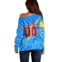 Personalized DR Congo Football Off Shoulder Sweater Lightning Leopard National Flag Motif