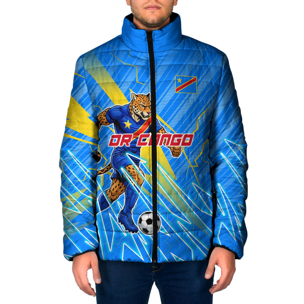 Personalized DR Congo Football Padded Jacket Lightning Leopard National Flag Motif