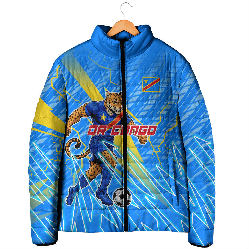 Personalized DR Congo Football Padded Jacket Lightning Leopard National Flag Motif