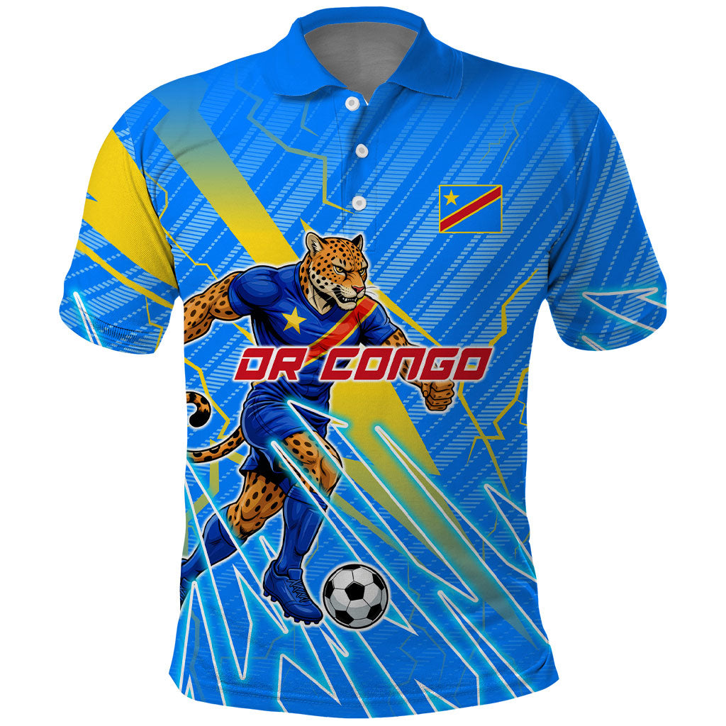 Personalized DR Congo Football Polo Shirt Lightning Leopard National Flag Motif