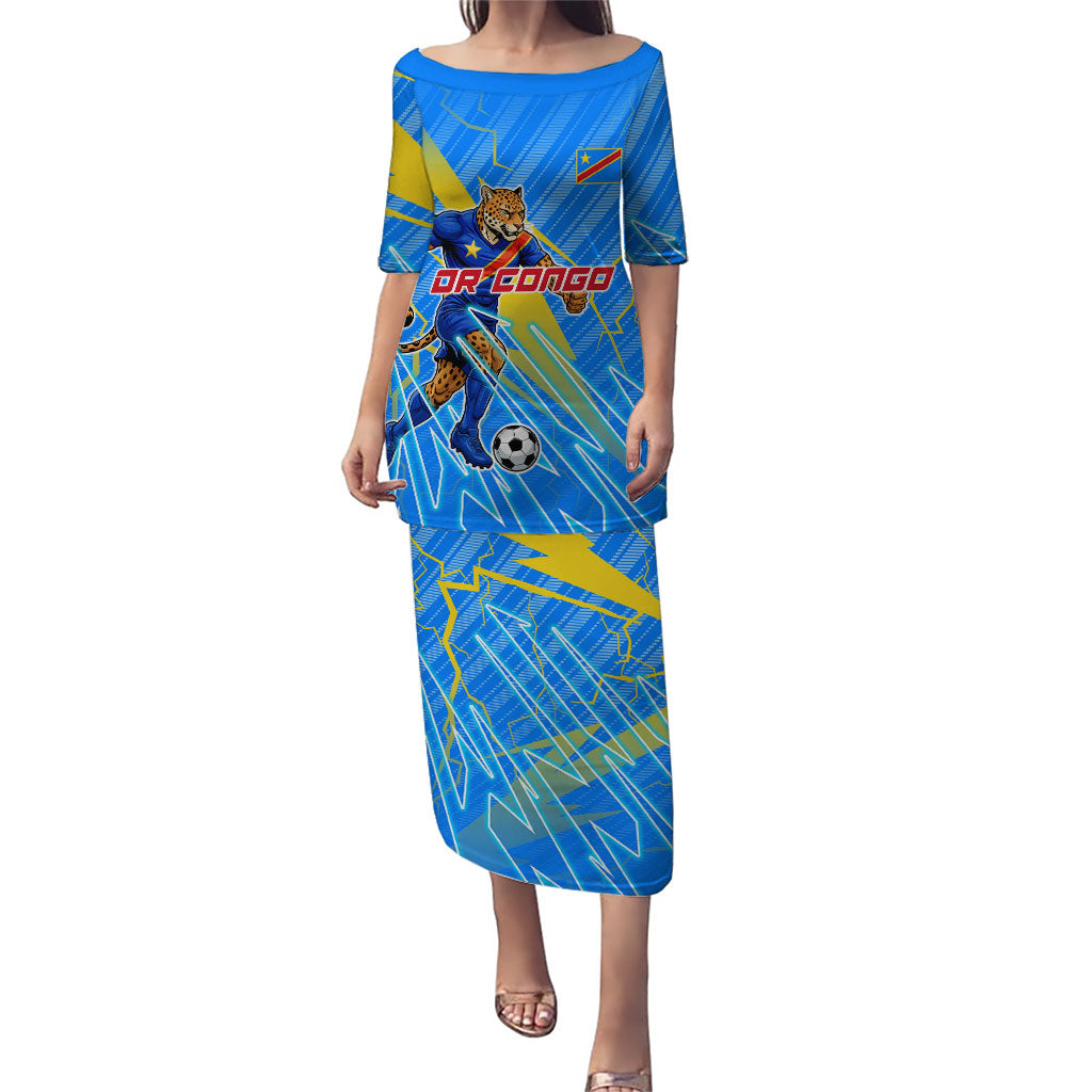 Personalized DR Congo Football Puletasi Lightning Leopard National Flag Motif