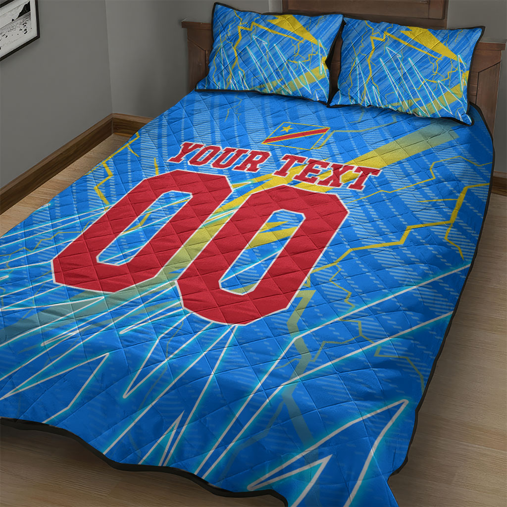 Personalized DR Congo Football Quilt Bed Set Lightning Leopard National Flag Motif