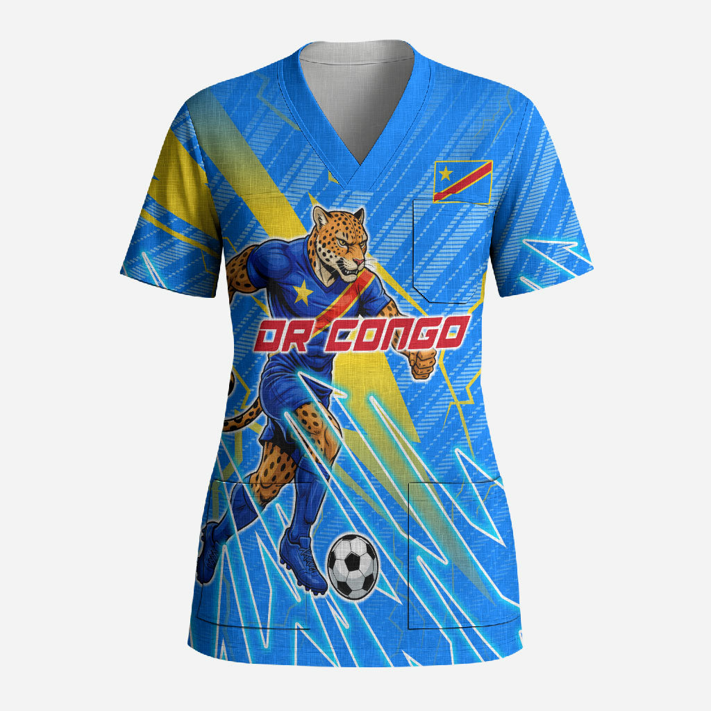 Personalized DR Congo Football Scrub Top Lightning Leopard National Flag Motif