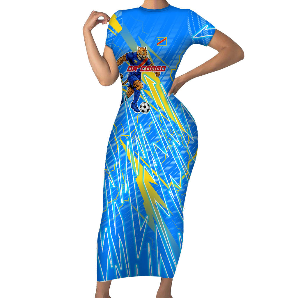 Personalized DR Congo Football Short Sleeve Bodycon Dress Lightning Leopard National Flag Motif