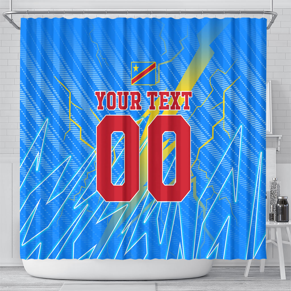Personalized DR Congo Football Shower Curtain Lightning Leopard National Flag Motif