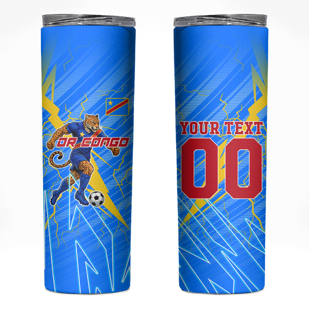 Personalized DR Congo Football Skinny Tumbler Lightning Leopard National Flag Motif
