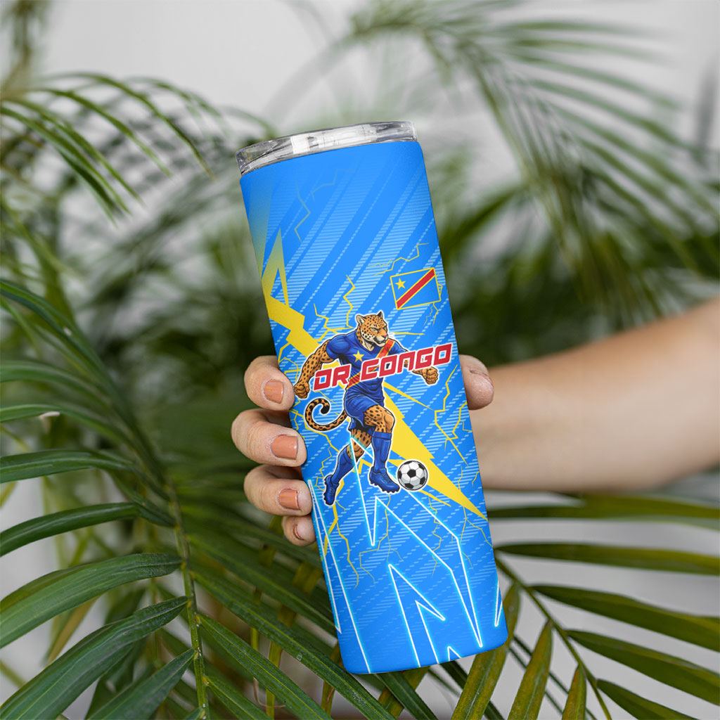 Personalized DR Congo Football Skinny Tumbler Lightning Leopard National Flag Motif