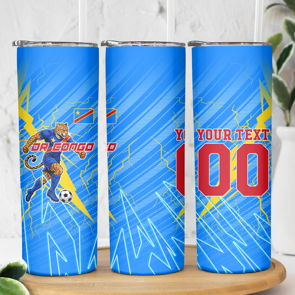 Personalized DR Congo Football Skinny Tumbler Lightning Leopard National Flag Motif