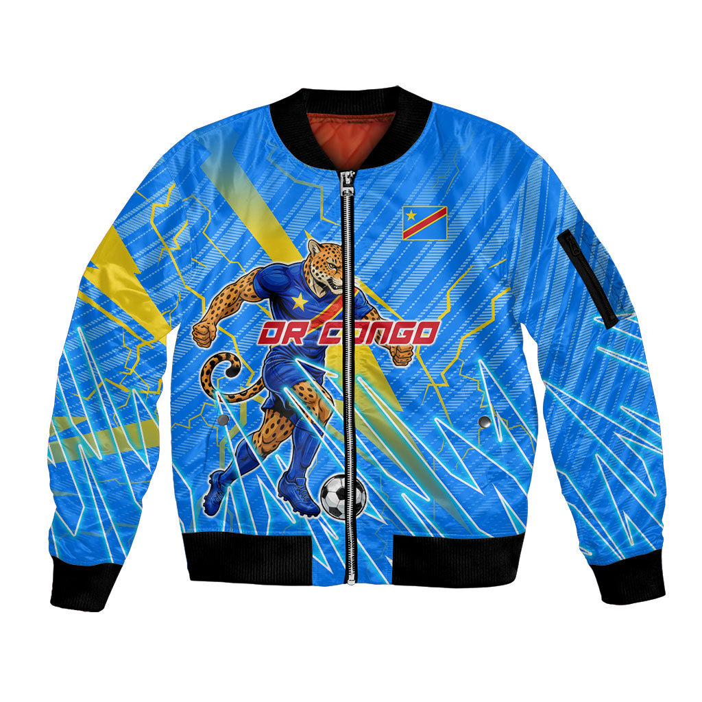 Personalized DR Congo Football Sleeve Zip Bomber Jacket Lightning Leopard National Flag Motif