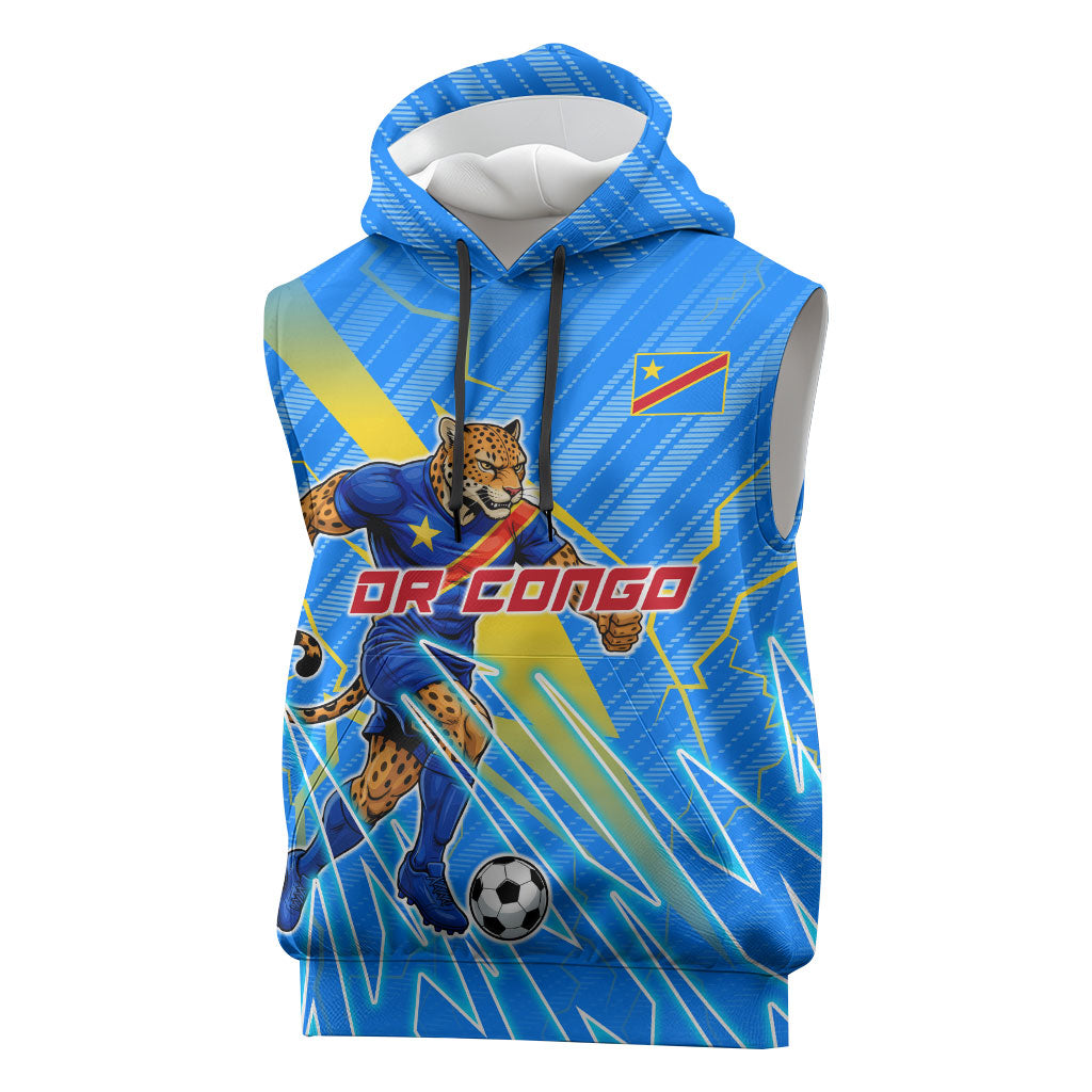 Personalized DR Congo Football Sleeveless Hoodie Lightning Leopard National Flag Motif