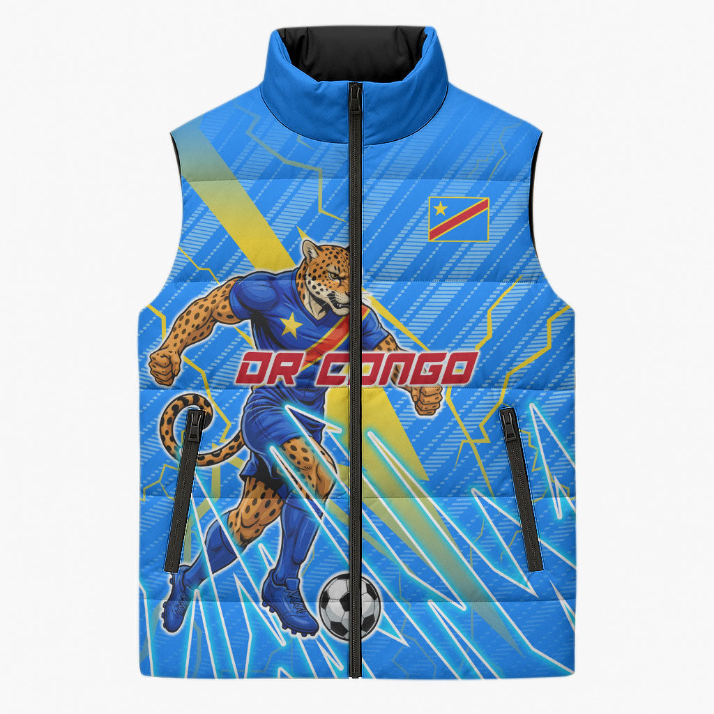 Personalized DR Congo Football Sleeveless Puffer Jacket Lightning Leopard National Flag Motif