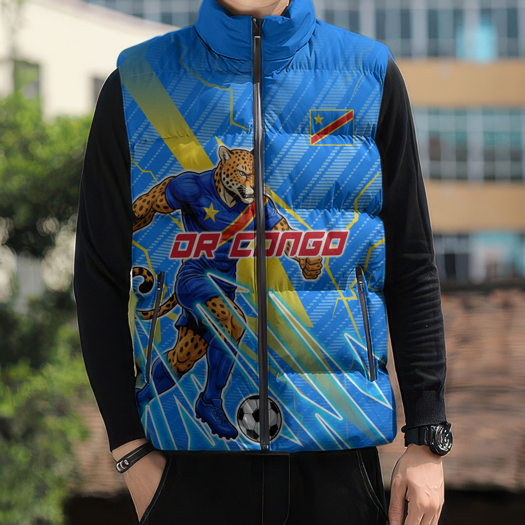 Personalized DR Congo Football Sleeveless Puffer Jacket Lightning Leopard National Flag Motif