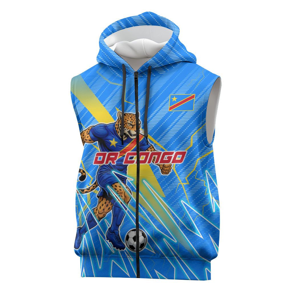 Personalized DR Congo Football Sleeveless Zip Hoodie Lightning Leopard National Flag Motif