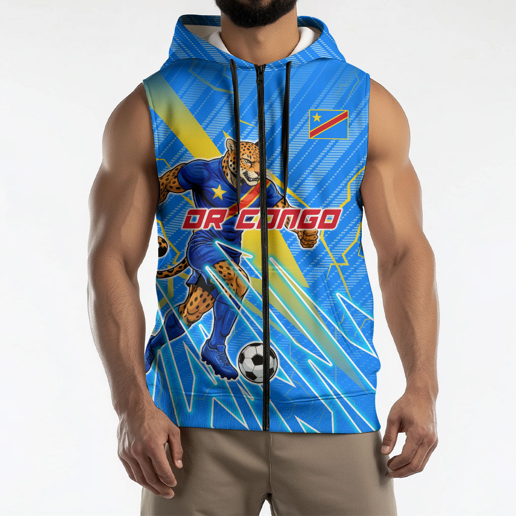 Personalized DR Congo Football Sleeveless Zip Hoodie Lightning Leopard National Flag Motif