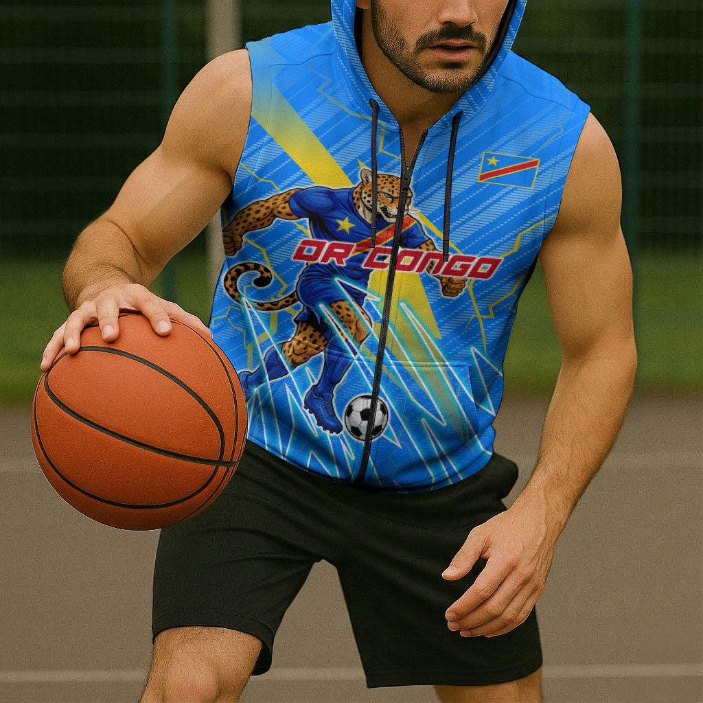 Personalized DR Congo Football Sleeveless Zip Hoodie Lightning Leopard National Flag Motif