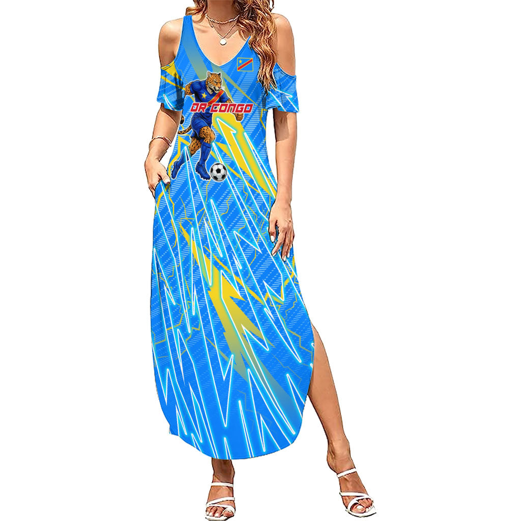 Personalized DR Congo Football Summer Maxi Dress Lightning Leopard National Flag Motif