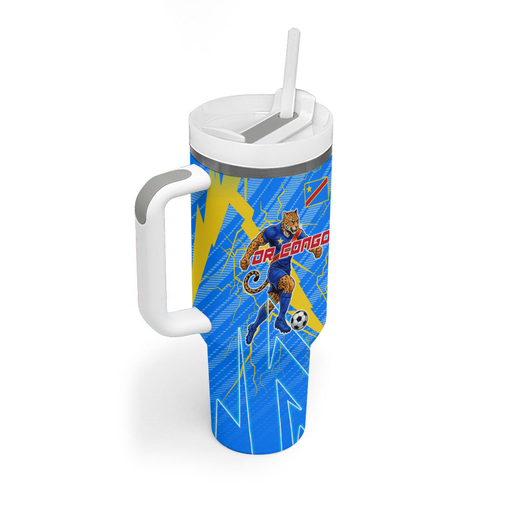 Personalized DR Congo Football Tumbler With Handle Lightning Leopard National Flag Motif