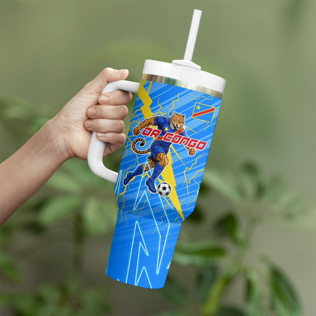 Personalized DR Congo Football Tumbler With Handle Lightning Leopard National Flag Motif