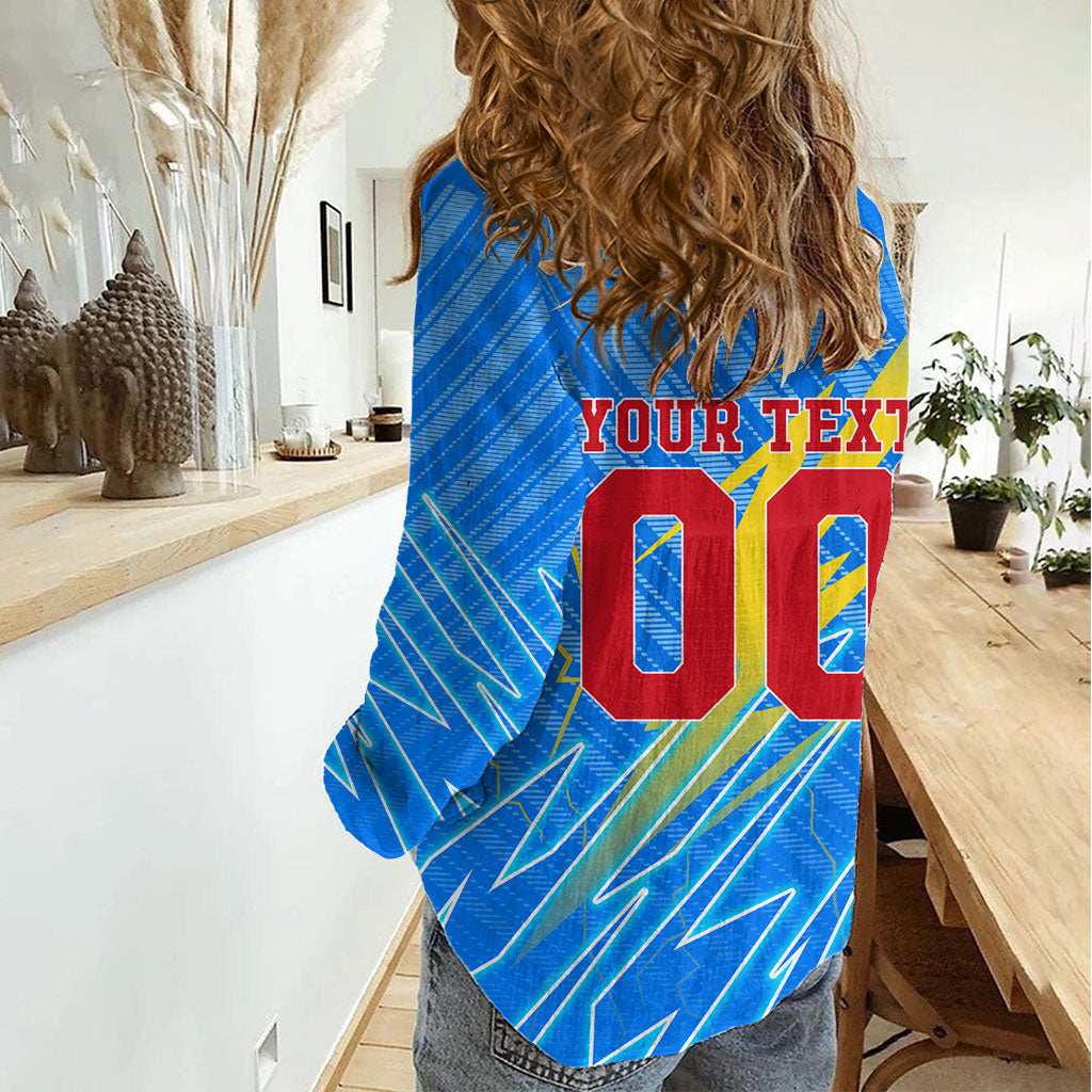 Personalized DR Congo Football Women Casual Shirt Lightning Leopard National Flag Motif
