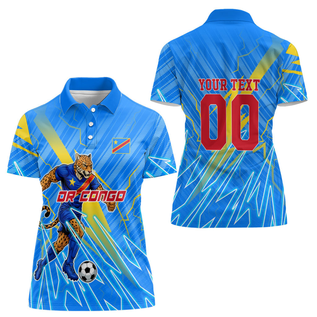 Personalized DR Congo Football Women Polo Shirt Lightning Leopard National Flag Motif