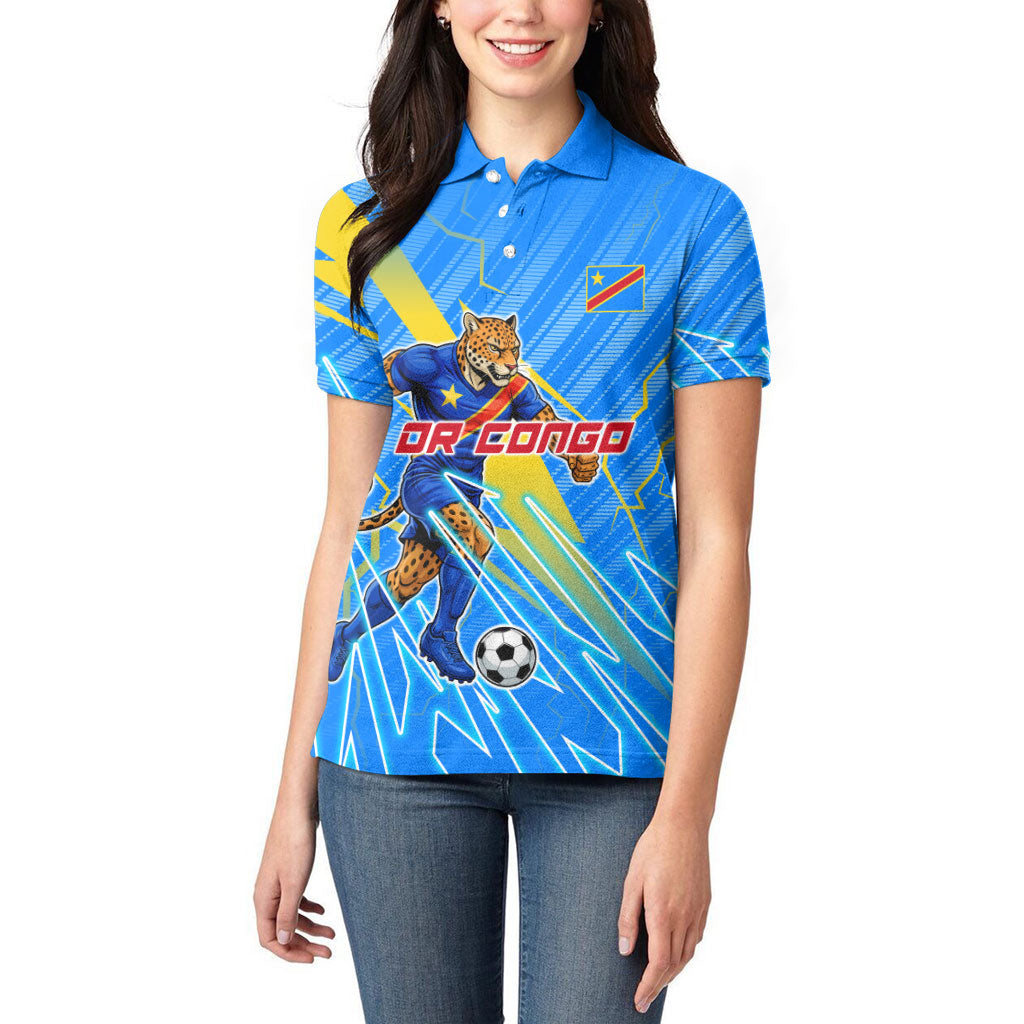 Personalized DR Congo Football Women Polo Shirt Lightning Leopard National Flag Motif