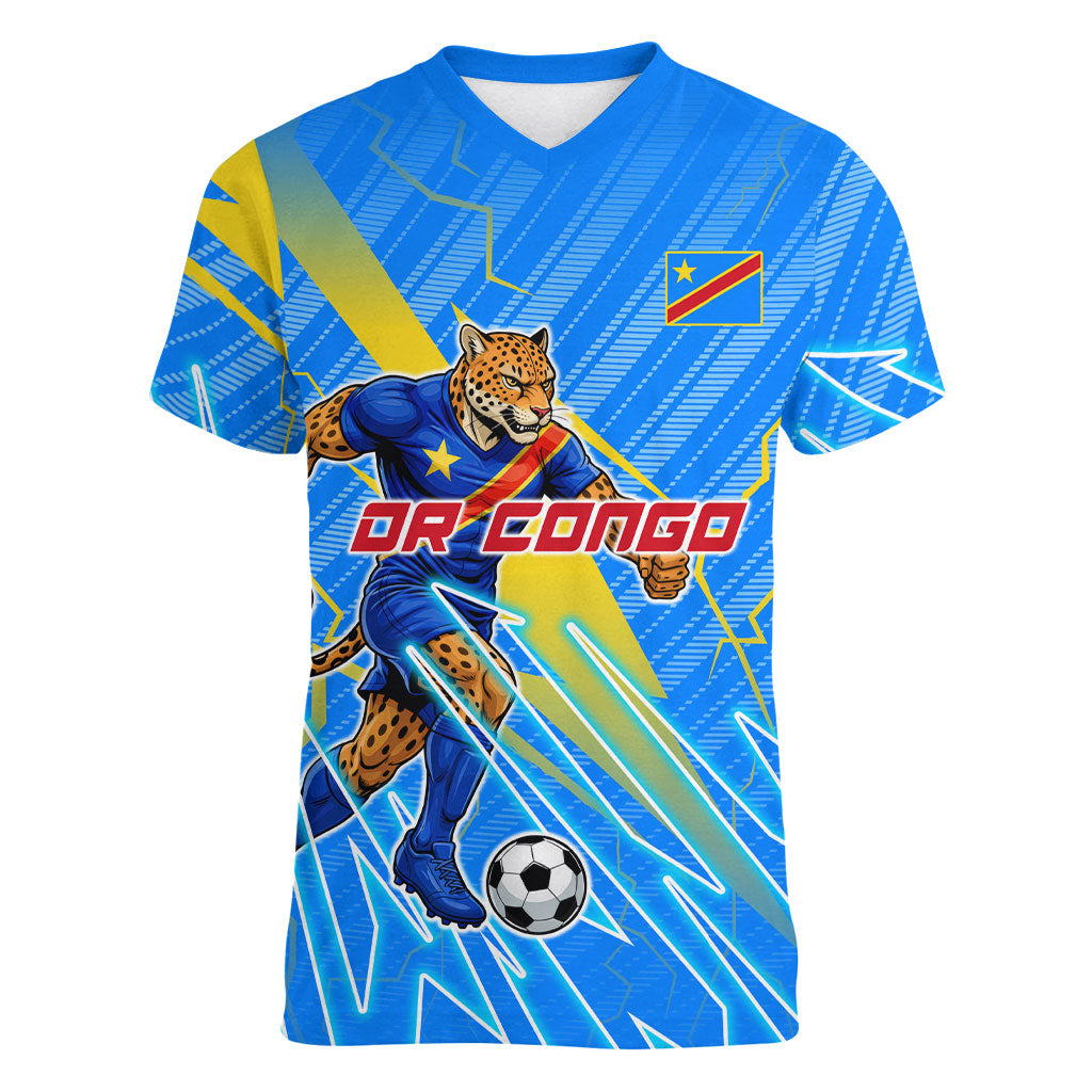 Personalized DR Congo Football Women V-Neck T-Shirt Lightning Leopard National Flag Motif