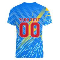 Personalized DR Congo Football Women V-Neck T-Shirt Lightning Leopard National Flag Motif