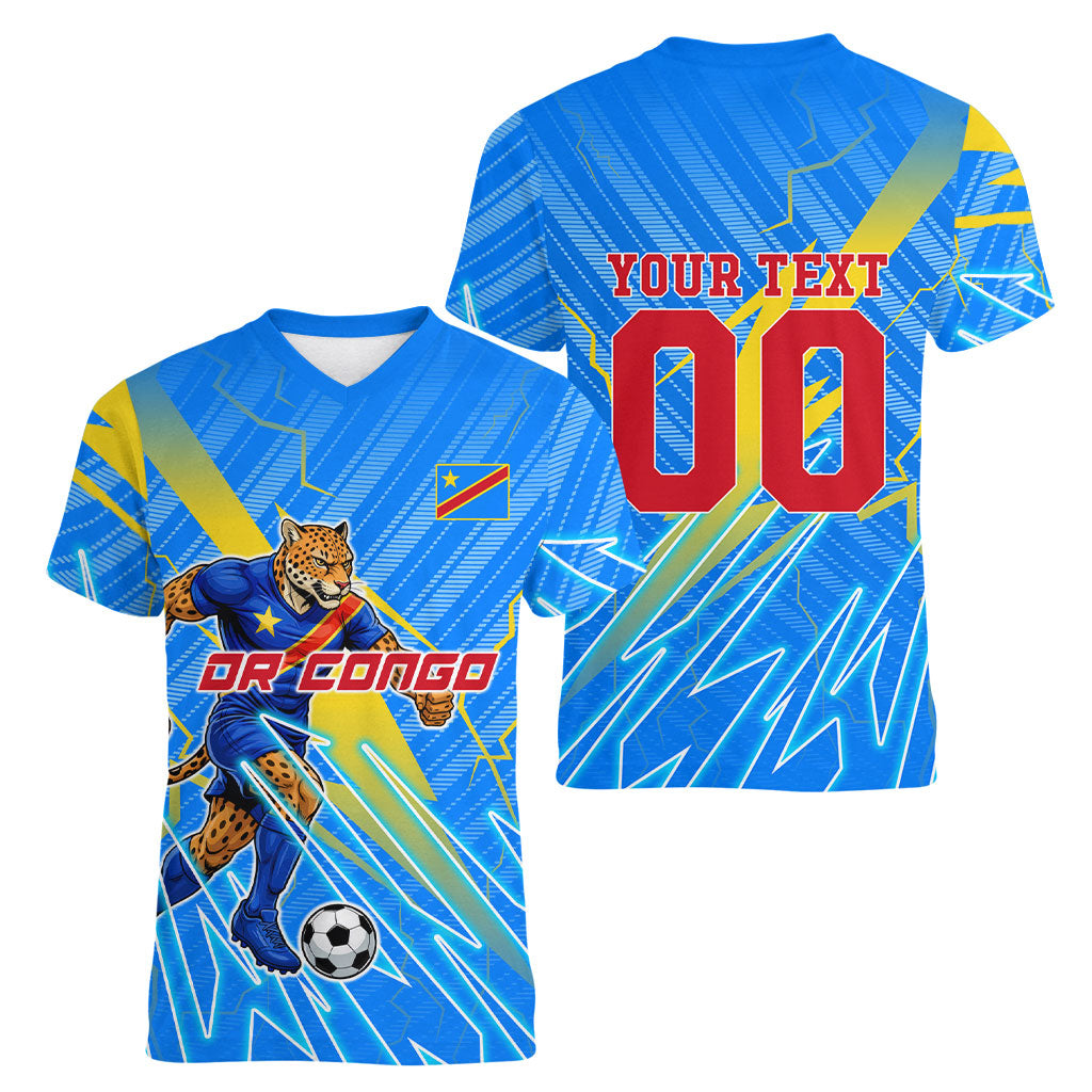 Personalized DR Congo Football Women V-Neck T-Shirt Lightning Leopard National Flag Motif