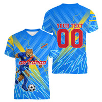 Personalized DR Congo Football Women V-Neck T-Shirt Lightning Leopard National Flag Motif