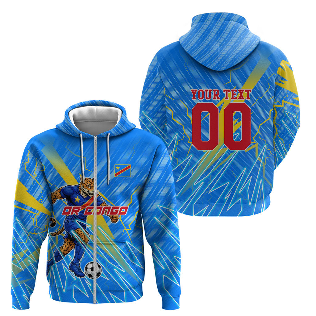 Personalized DR Congo Football Zip Hoodie Lightning Leopard National Flag Motif