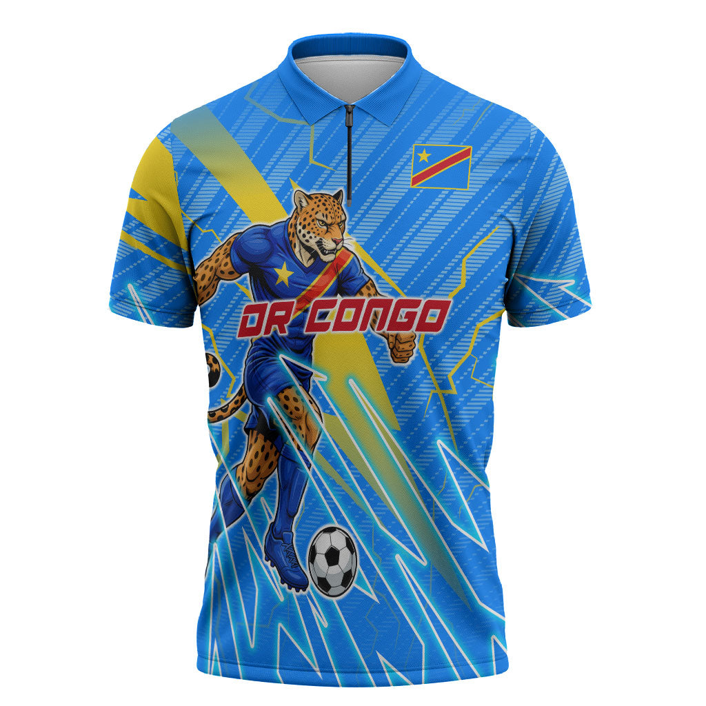 Personalized DR Congo Football Zipper Polo Shirt Lightning Leopard National Flag Motif