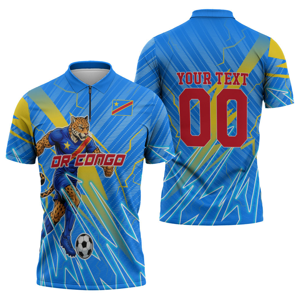 Personalized DR Congo Football Zipper Polo Shirt Lightning Leopard National Flag Motif