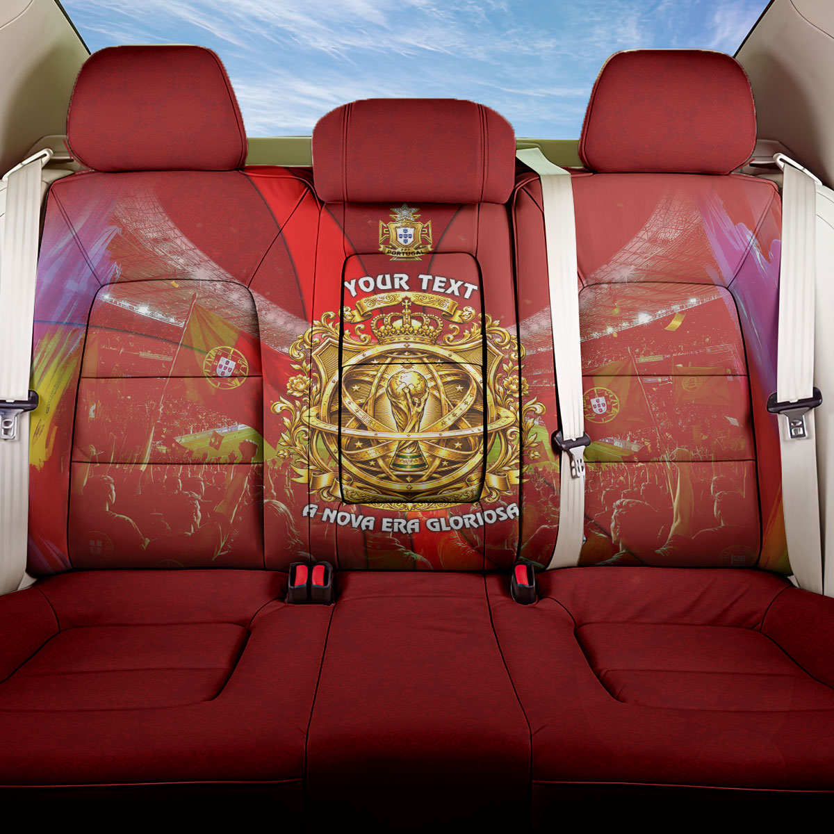 Custom Portugal Football World Champions 2026 Back Car Seat Cover Golden Shield Crown Crest Soccer Trophy
