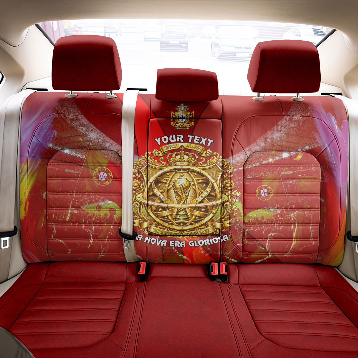 Custom Portugal Football World Champions 2026 Back Car Seat Cover Golden Shield Crown Crest Soccer Trophy