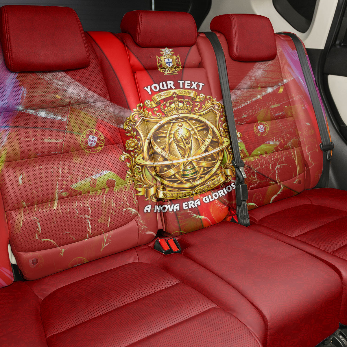Custom Portugal Football World Champions 2026 Back Car Seat Cover Golden Shield Crown Crest Soccer Trophy
