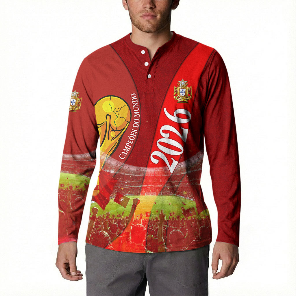 Custom Portugal Football World Champions 2026 Button Sweatshirt Golden Shield Crown Crest Soccer Trophy