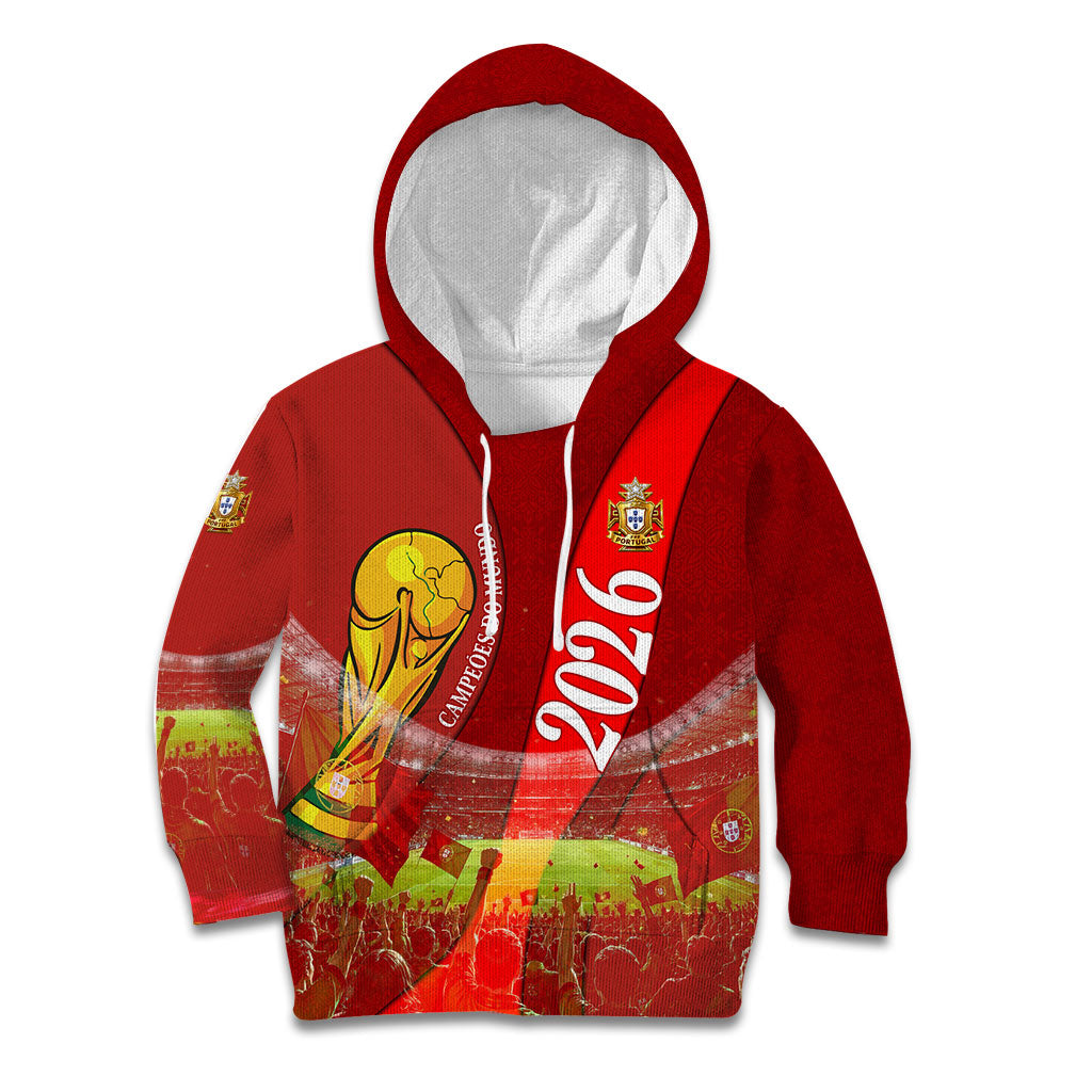 Custom Portugal Football World Champions 2026 Kid Hoodie Golden Shield Crown Crest Soccer Trophy