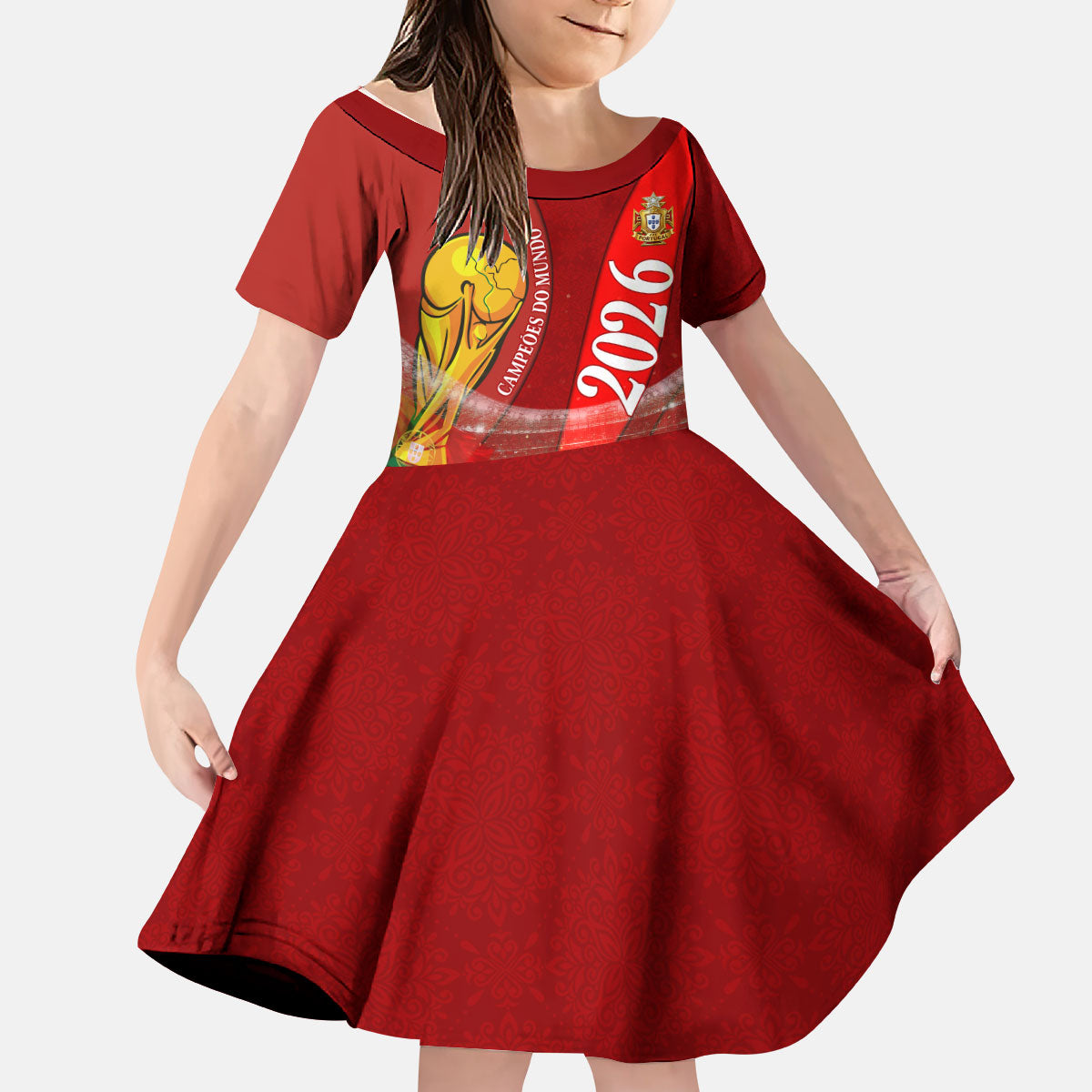 Custom Portugal Football World Champions 2026 Kid Short Sleeve Dress Golden Shield Crown Crest Soccer Trophy