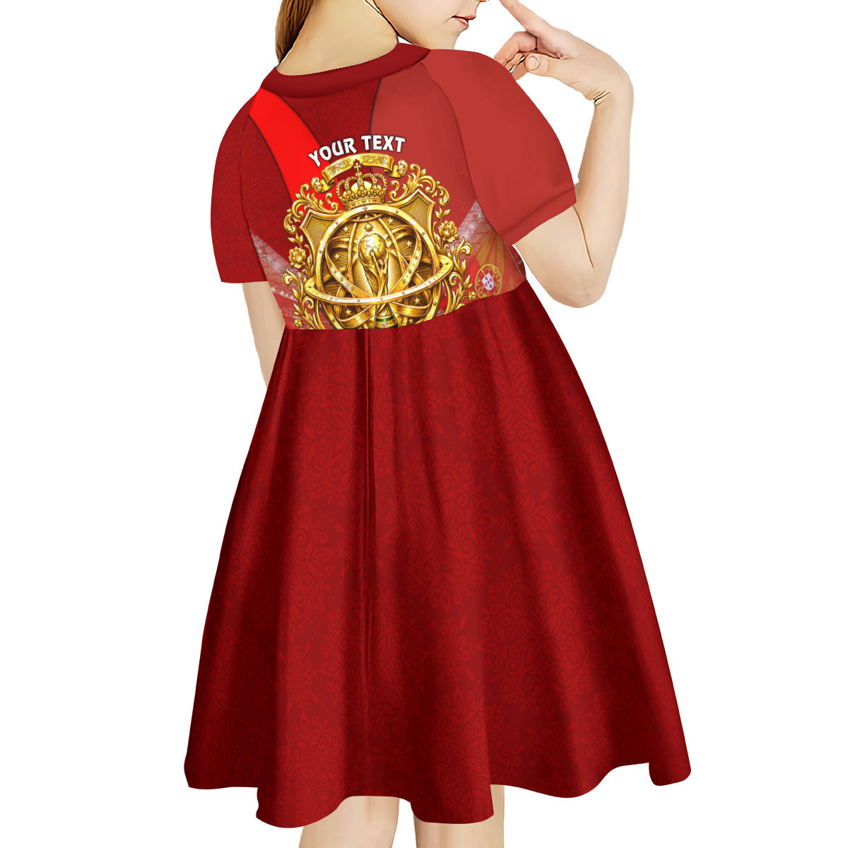 Custom Portugal Football World Champions 2026 Kid Short Sleeve Dress Golden Shield Crown Crest Soccer Trophy