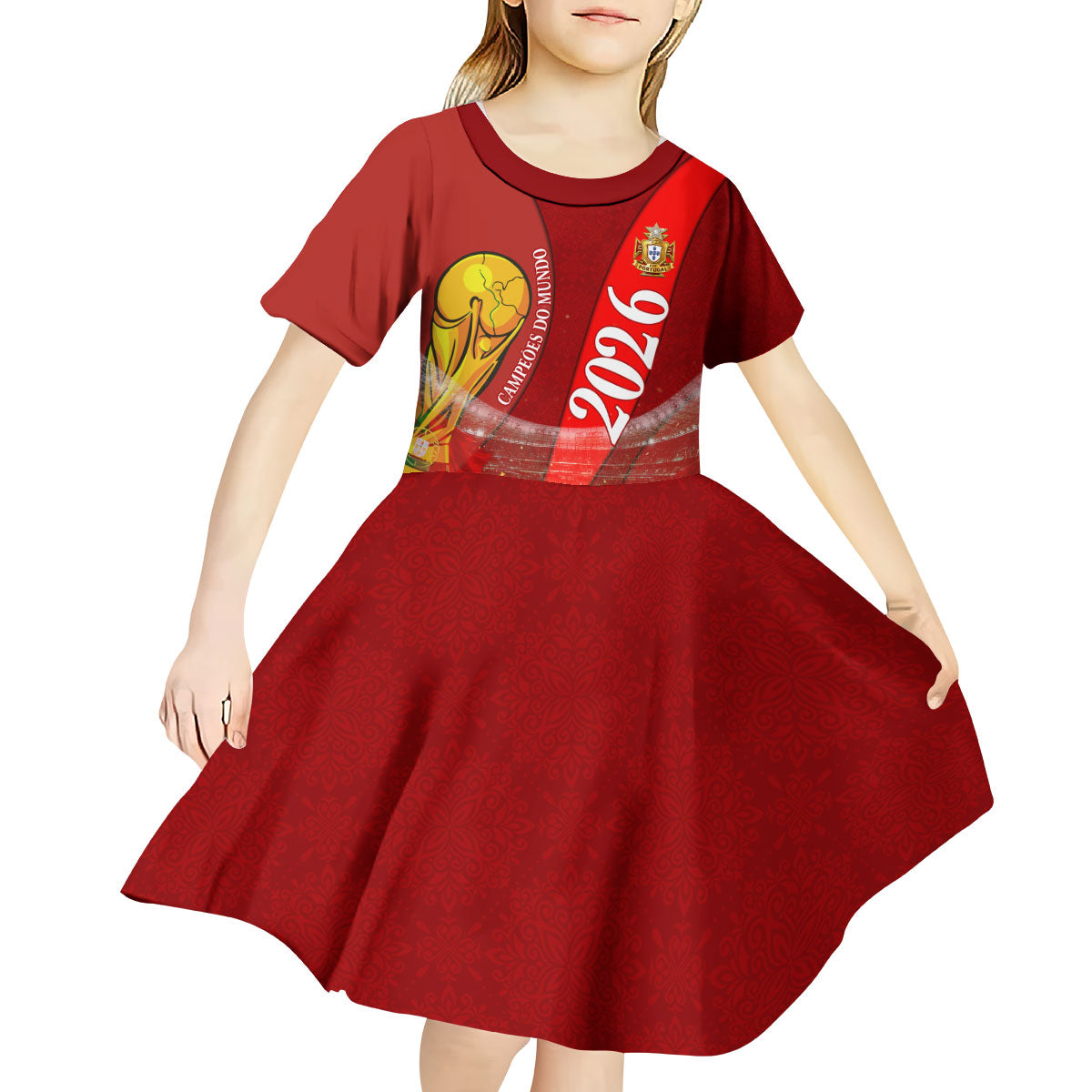 Custom Portugal Football World Champions 2026 Kid Short Sleeve Dress Golden Shield Crown Crest Soccer Trophy