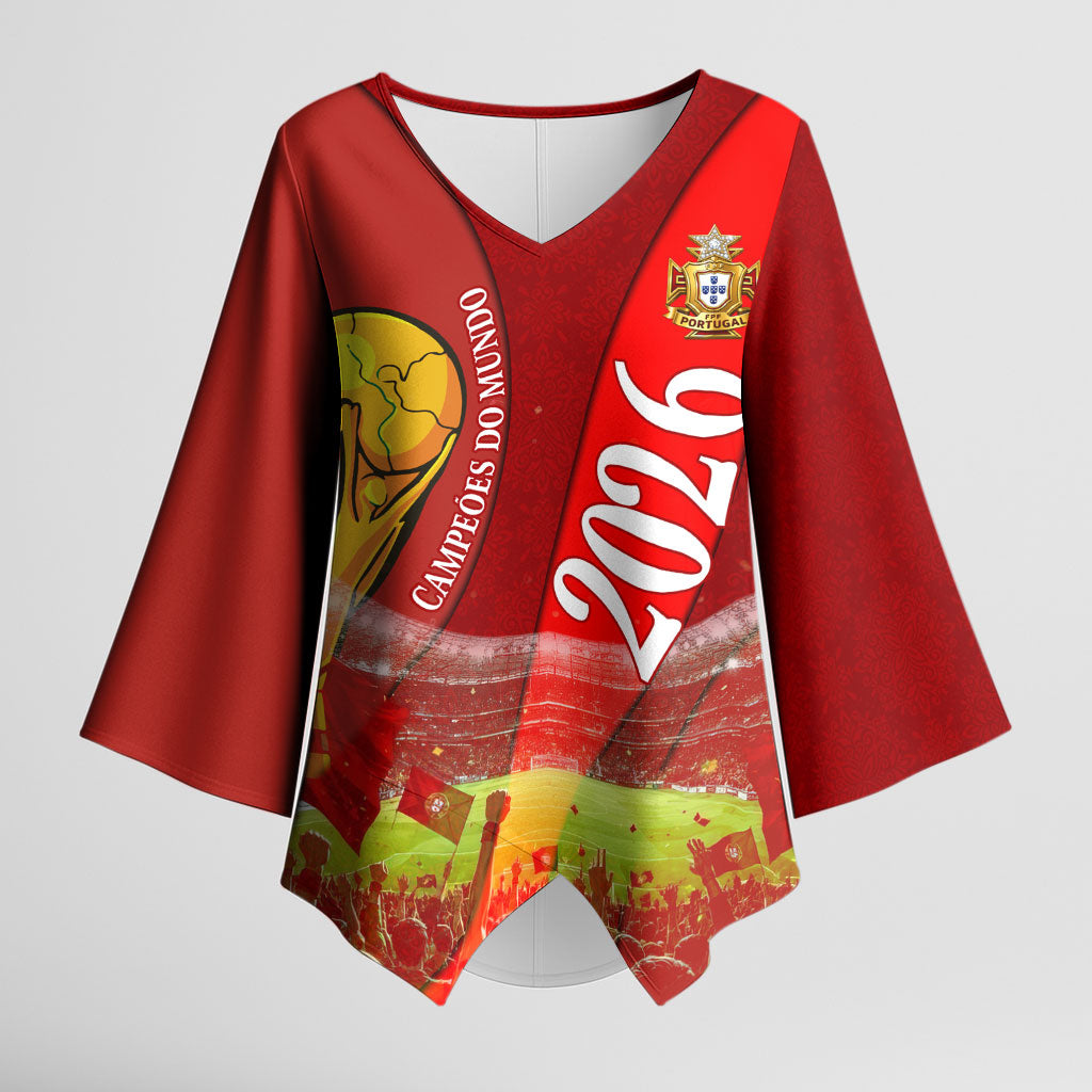 Custom Portugal Football World Champions 2026 Kimono Sleeve Blouse Golden Shield Crown Crest Soccer Trophy