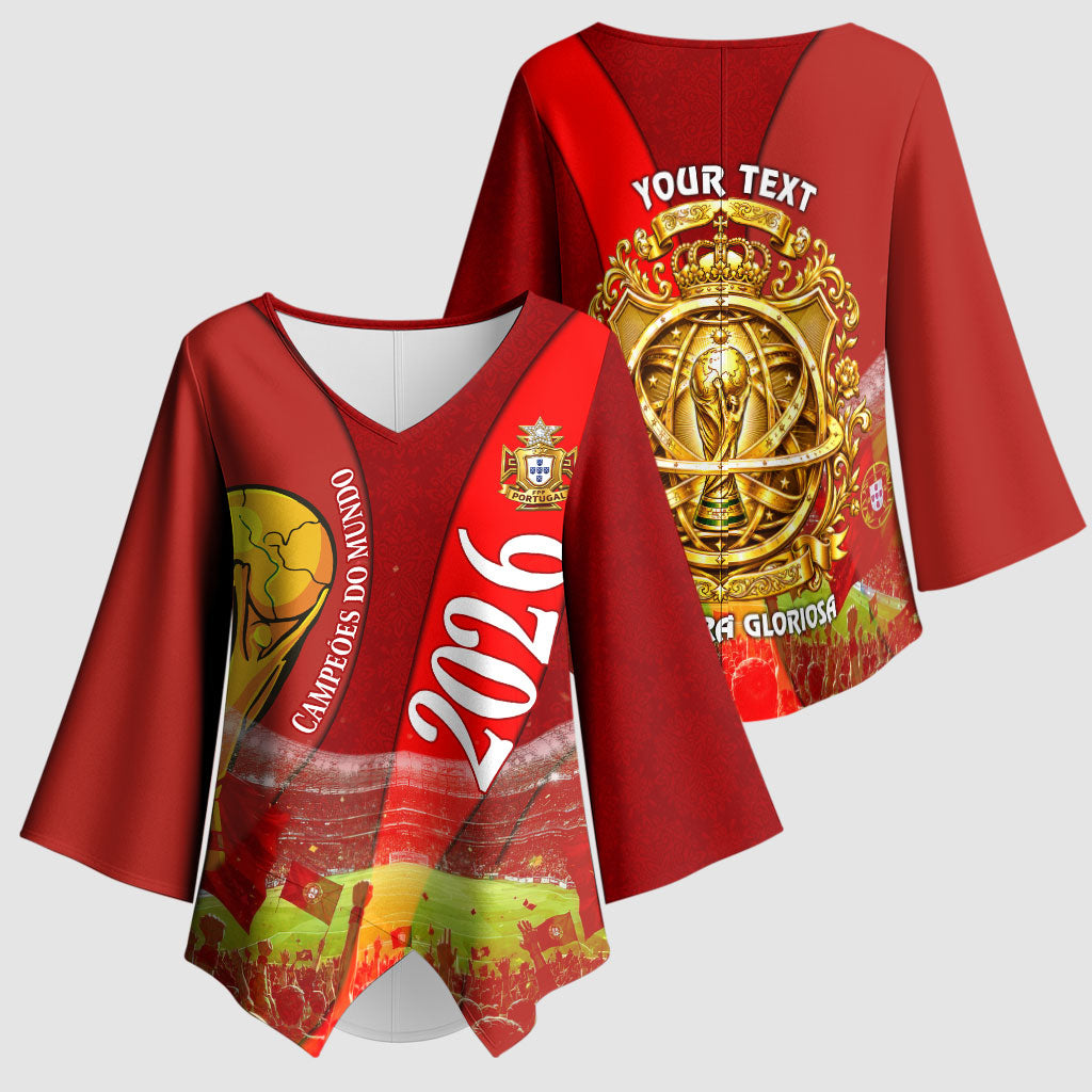 Custom Portugal Football World Champions 2026 Kimono Sleeve Blouse Golden Shield Crown Crest Soccer Trophy