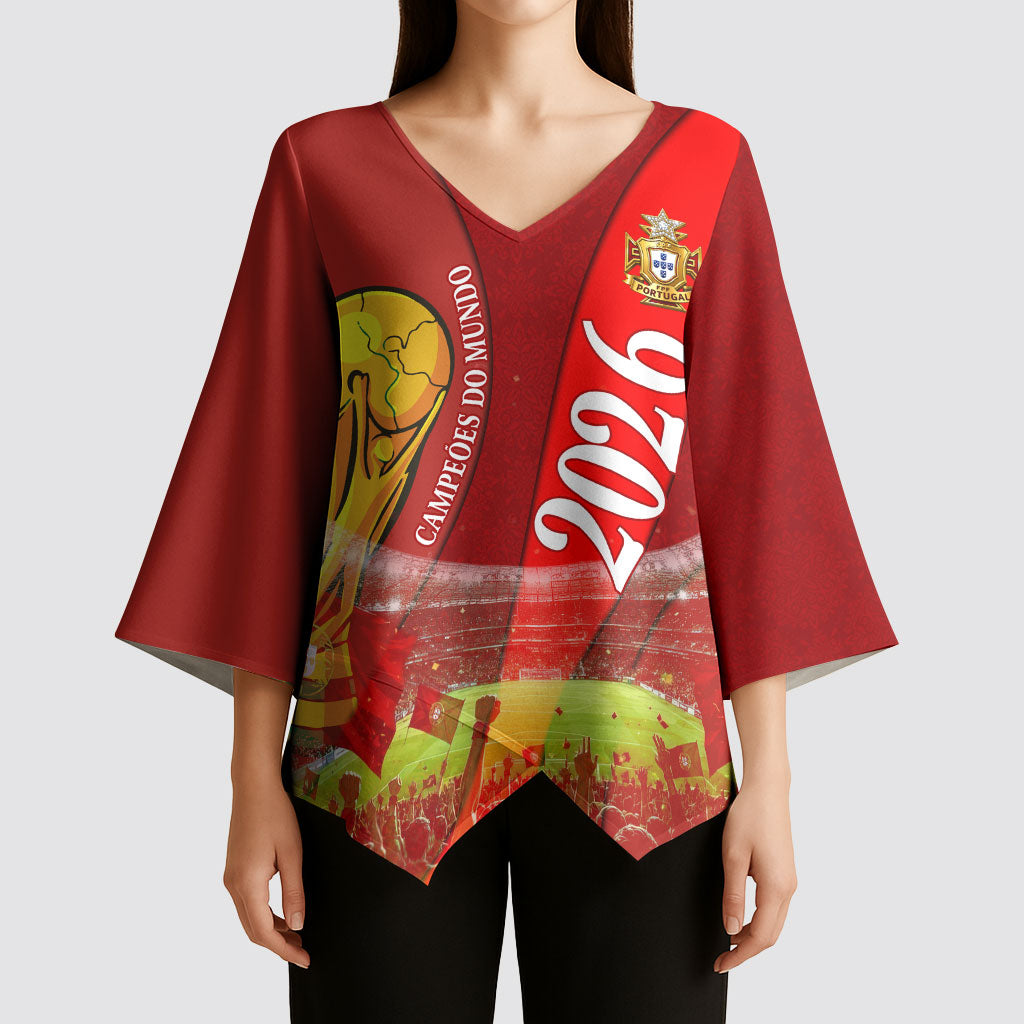 Custom Portugal Football World Champions 2026 Kimono Sleeve Blouse Golden Shield Crown Crest Soccer Trophy