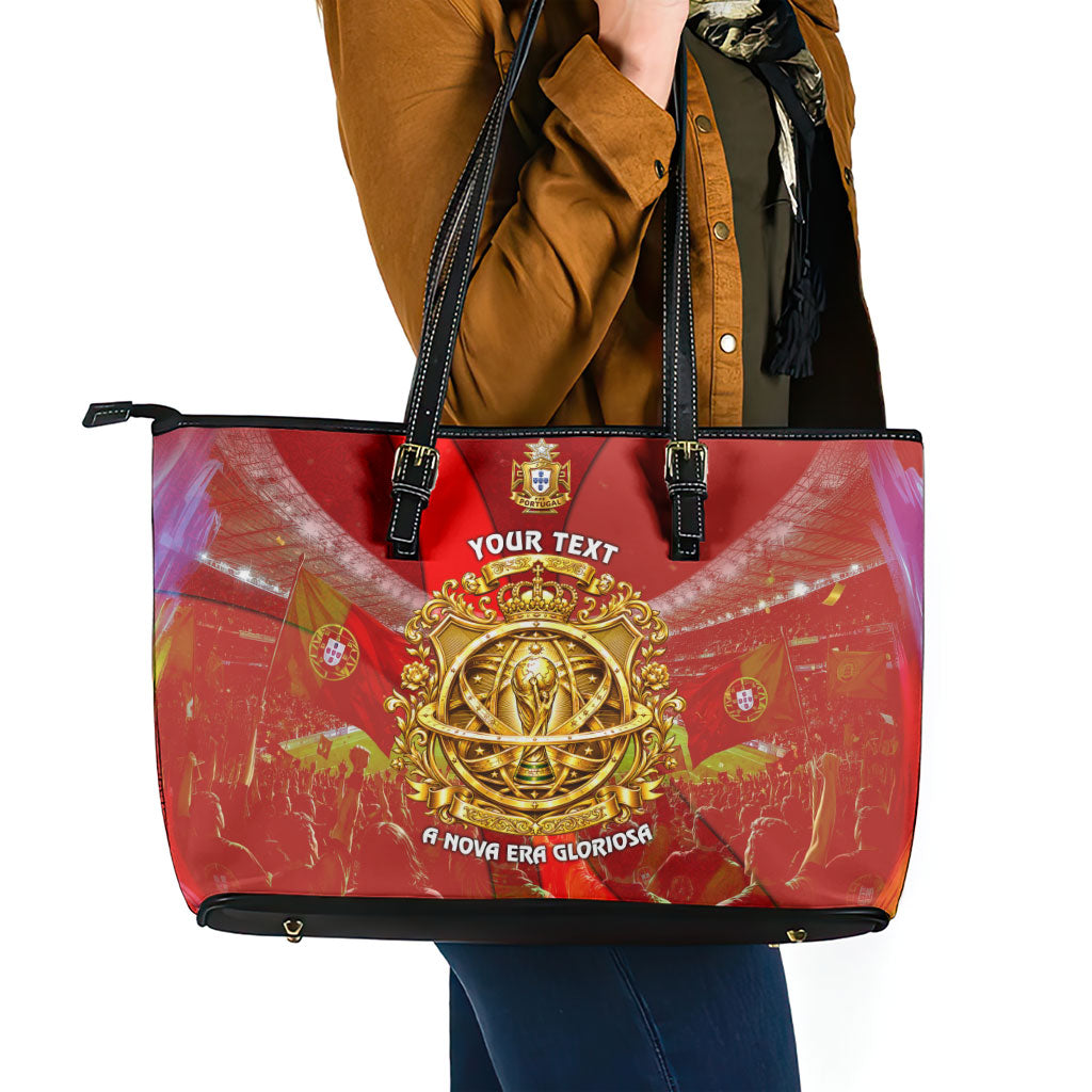 Custom Portugal Football World Champions 2026 Leather Tote Bag Golden Shield Crown Crest Soccer Trophy