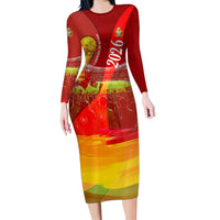 Custom Portugal Football World Champions 2026 Long Sleeve Bodycon Dress Golden Shield Crown Crest Soccer Trophy