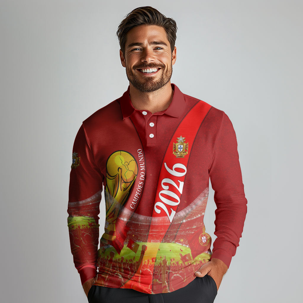 Custom Portugal Football World Champions 2026 Long Sleeve Polo Shirt Golden Shield Crown Crest Soccer Trophy