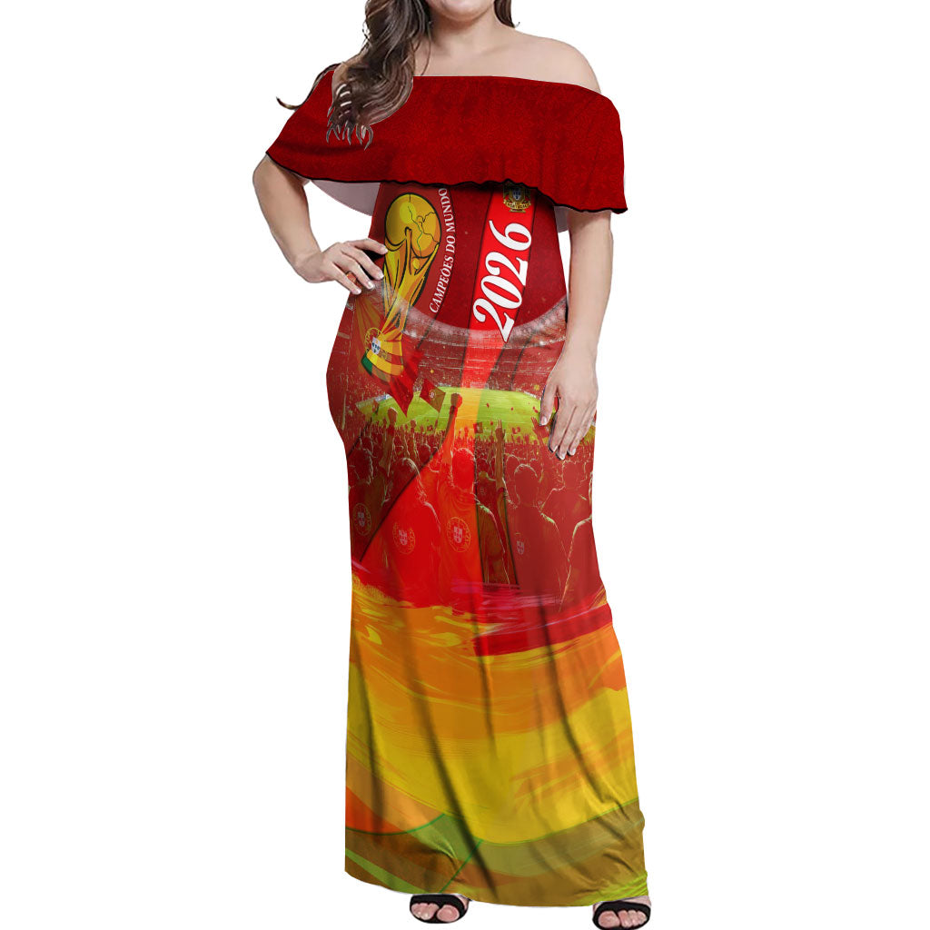 Custom Portugal Football World Champions 2026 Off Shoulder Maxi Dress Golden Shield Crown Crest Soccer Trophy